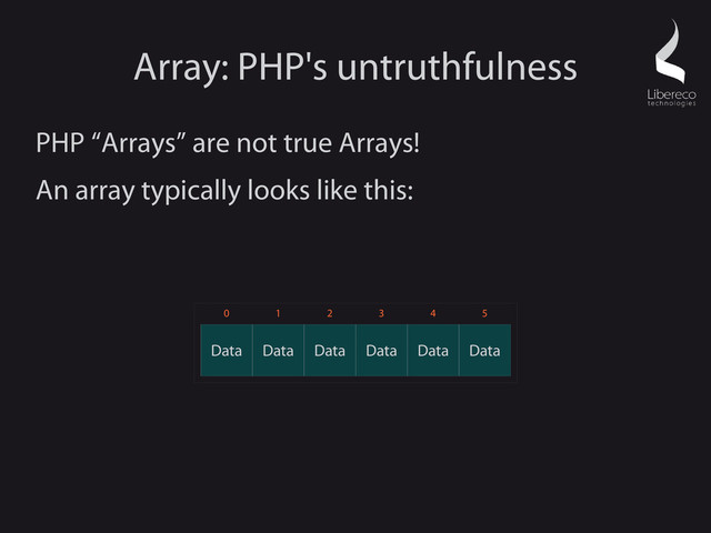 Array: PHP's untruthfulness
PHP “Arrays” are not true Arrays!
An array typically looks like this:
Data Data
Data
Data Data Data
0 1 2 3 4 5
