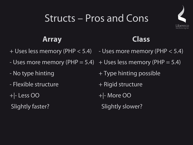 Structs – Pros and Cons
Array
+ Uses less memory (PHP < 5.4)
- Uses more memory (PHP = 5.4)
- No type hinting
- Flexible structure
+|- Less OO
Slightly faster?
Class
- Uses more memory (PHP < 5.4)
+ Uses less memory (PHP = 5.4)
+ Type hinting possible
+ Rigid structure
+|- More OO
Slightly slower?
