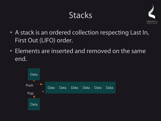 Stacks
●
A stack is an ordered collection respecting Last In,
First Out (LIFO) order.
●
Elements are inserted and removed on the same
end.
Data Data
Data
Data Data Data
Data
Data
Push
Pop
