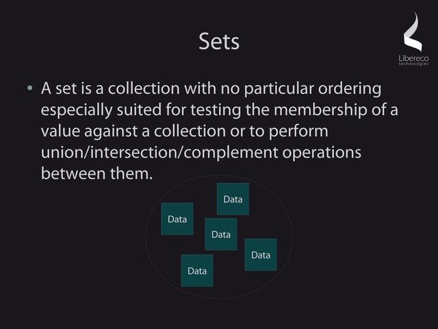 Sets
●
A set is a collection with no particular ordering
especially suited for testing the membership of a
value against a collection or to perform
union/intersection/complement operations
between them.
Data
Data
Data
Data
Data
