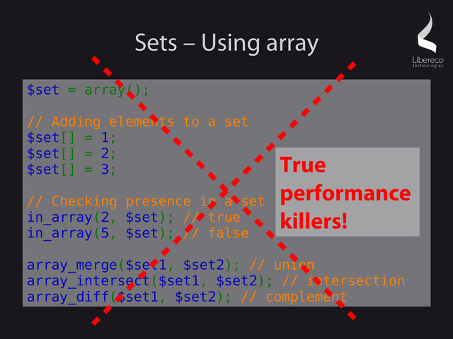 Sets – Using array
$set = array();
// Adding elements to a set
$set[] = 1;
$set[] = 2;
$set[] = 3;
// Checking presence in a set
in_array(2, $set); // true
in_array(5, $set); // false
array_merge($set1, $set2); // union
array_intersect($set1, $set2); // intersection
array_diff($set1, $set2); // complement
True
performance
killers!
