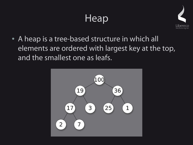 Heap
●
A heap is a tree-based structure in which all
elements are ordered with largest key at the top,
and the smallest one as leafs.
