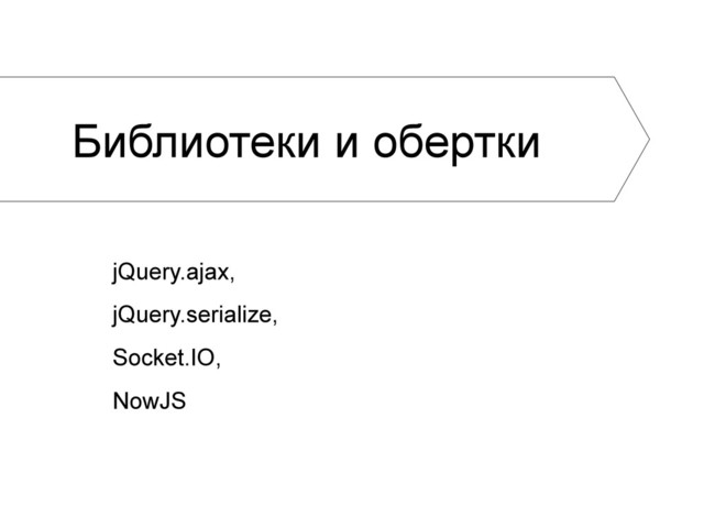 Библиотеки и обертки
jQuery.ajax,
jQuery.serialize,
Socket.IO,
NowJS

