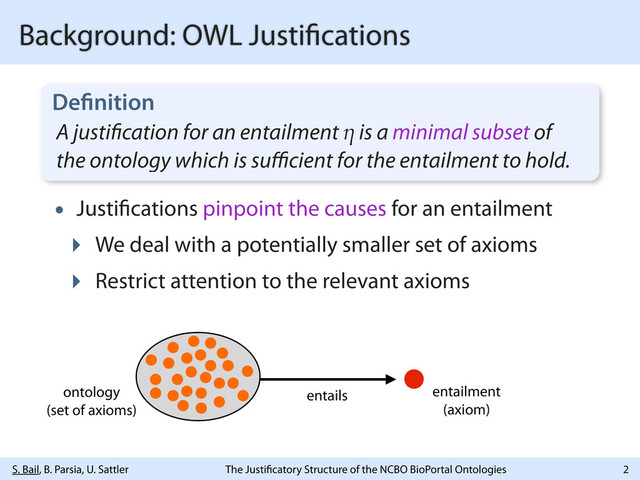 S. Bail, B. Parsia, U. Sattler The Justi catory Structure of the NCBO BioPortal Ontologies
Background: OWL Justi cations
2
entails
ontology
(set of axioms)
entailment
(axiom)
A justi cation for an entailment η is a minimal subset of
the ontology which is suﬃcient for the entailment to hold.
De nition
• Justi cations pinpoint the causes for an entailment
‣ We deal with a potentially smaller set of axioms
‣ Restrict attention to the relevant axioms
