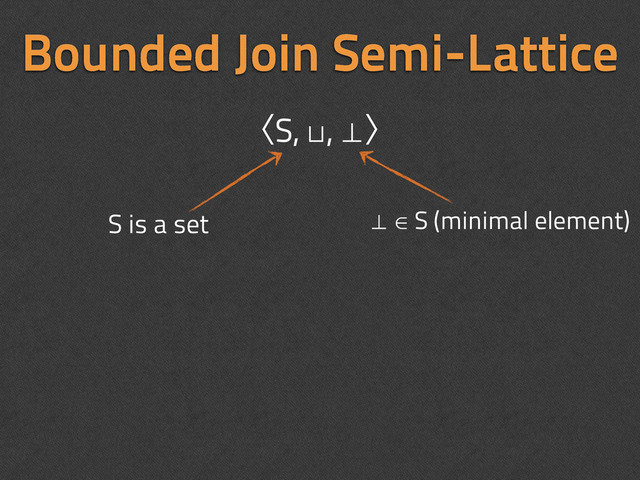 Bounded Join Semi-Lattice
⊥ ∈ S (minimal element)
ʪS, ⊔, ⊥ʫ
S is a set

