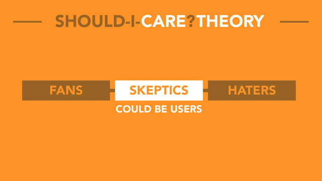 FANS SKEPTICS HATERS
CARE THEORY
SHOULD-I- ?
COULD BE USERS
