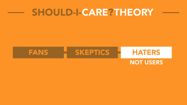FANS SKEPTICS HATERS
CARE THEORY
SHOULD-I- ?
NOT USERS

