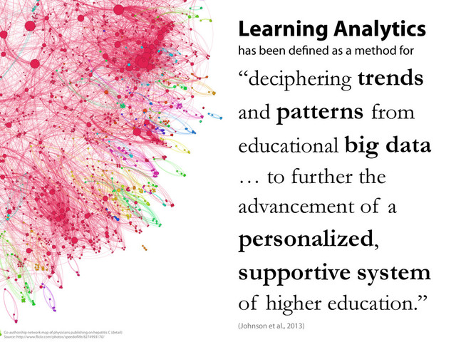 Learning Analytics
has been de ned as a method for
“deciphering trends
and patterns from
educational big data
… to further the
advancement of a
personalized,
supportive system
of higher education.”
(Johnson et al., 2013)
Co-authorship network map of physicians publishing on hepatitis C (detail)
Source: http://www. ickr.com/photos/speedo ife/8274993170/
