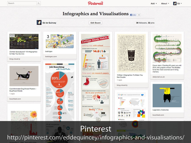 Pinterest
http://pinterest.com/eddequincey/infographics-and-visualisations/
