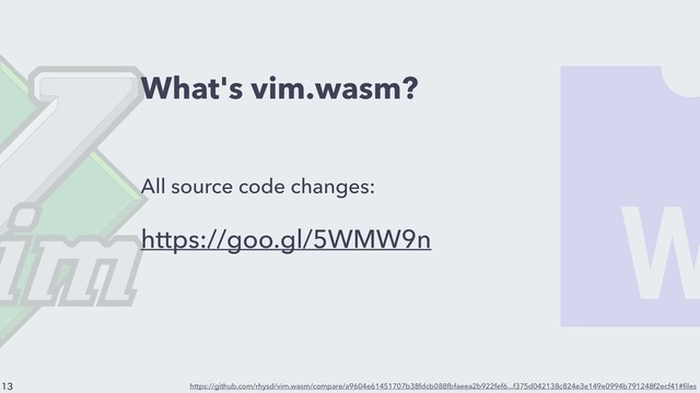 What's vim.wasm?
All source code changes:
https://goo.gl/5WMW9n
https://github.com/rhysd/vim.wasm/compare/a9604e61451707b38fdcb088fbfaeea2b922fef6...f375d042138c824e3e149e0994b791248f2ecf41#ﬁles


