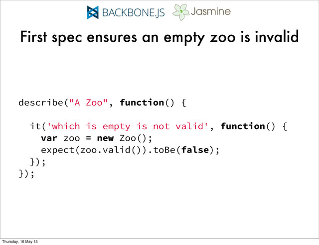 First spec ensures an empty zoo is invalid
describe("A Zoo", function() {
it('which is empty is not valid', function() {
var zoo = new Zoo();
expect(zoo.valid()).toBe(false);
});
});
Thursday, 16 May 13
