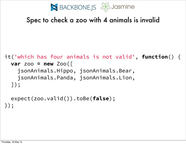 Spec to check a zoo with 4 animals is invalid
it('which has four animals is not valid', function() {
var zoo = new Zoo([
jsonAnimals.Hippo, jsonAnimals.Bear,
jsonAnimals.Panda, jsonAnimals.Lion,
]);
expect(zoo.valid()).toBe(false);
});
Thursday, 16 May 13
