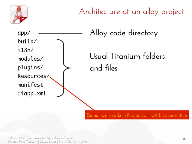 16
Alloy, a MVC framework for Appcelerator Titanium
Meetup Paris Titanium | Xavier Lacot | September 27th, 2012
Architecture of an alloy project
Alloy code directory
Usual Titanium folders
and files
app/
build/
i18n/
modules/
plugins/
Resources/
manifest
tiapp.xml
Do not write code in Resources, it will be overwritten
