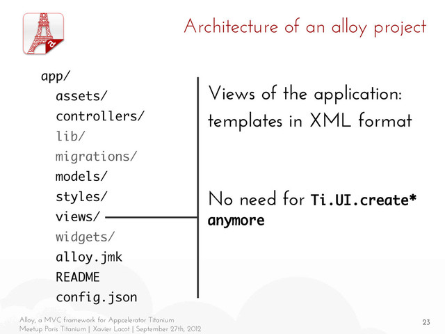 23
Alloy, a MVC framework for Appcelerator Titanium
Meetup Paris Titanium | Xavier Lacot | September 27th, 2012
Architecture of an alloy project
Views of the application:
templates in XML format
No need for Ti.UI.create*
anymore
app/
assets/
controllers/
lib/
migrations/
models/
styles/
views/
widgets/
alloy.jmk
README
config.json
