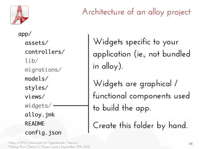 24
Alloy, a MVC framework for Appcelerator Titanium
Meetup Paris Titanium | Xavier Lacot | September 27th, 2012
Architecture of an alloy project
Widgets specific to your
application (ie., not bundled
in alloy).
Widgets are graphical /
functional components used
to build the app.
Create this folder by hand.
app/
assets/
controllers/
lib/
migrations/
models/
styles/
views/
widgets/
alloy.jmk
README
config.json

