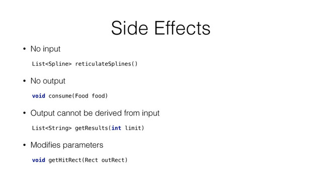Side Effects
• No input
List reticulateSplines()
• No output
void consume(Food food)
• Output cannot be derived from input
List getResults(int limit)
• Modiﬁes parameters
void getHitRect(Rect outRect)
