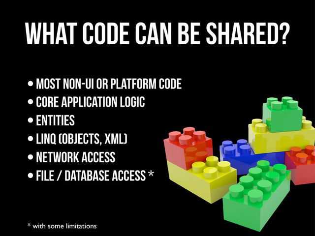 What code can be shared?
* with some limitations
•Most non-UI or platform code
•Core application logic
•Entities
•LINQ (objects, XML)
•Network access
•File / Database Access *
