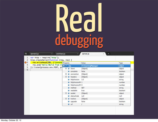 debugging
Real
Monday, October 22, 12

