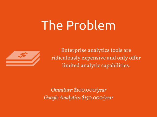 The Problem
Enterprise analytics tools are
ridiculously expensive and only oﬀer
limited analytic capabilities.
Omniture: $100,000/year
Google Analytics: $150,000/year

