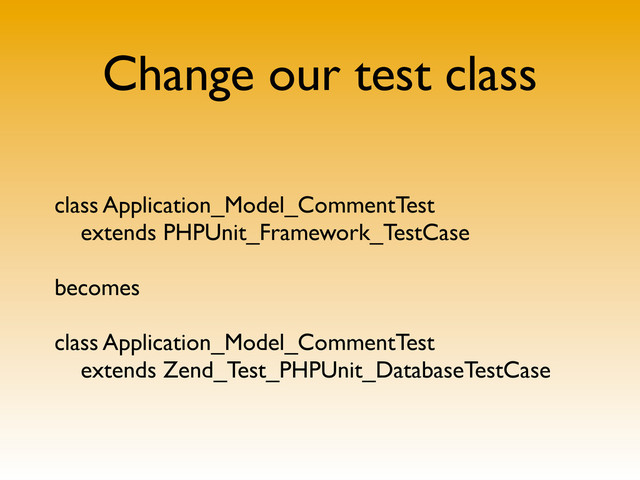 Change our test class
class Application_Model_CommentTest
extends PHPUnit_Framework_TestCase
becomes
class Application_Model_CommentTest
extends Zend_Test_PHPUnit_DatabaseTestCase
