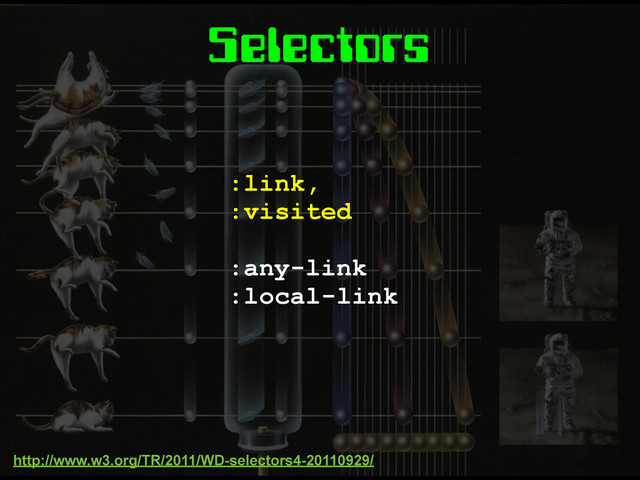 Selectors
:link,
:visited
:any-link
:local-link
http://www.w3.org/TR/2011/WD-selectors4-20110929/
