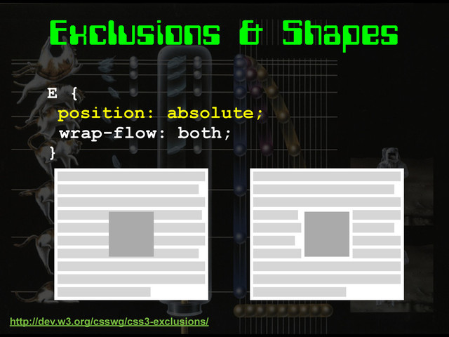 Exclusions & Shapes
E {
position: absolute;
}
wrap-flow: both;
http://dev.w3.org/csswg/css3-exclusions/
