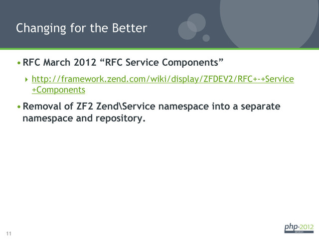 11
• RFC March 2012 “RFC Service Components”
 http://framework.zend.com/wiki/display/ZFDEV2/RFC+-+Service
+Components
• Removal of ZF2 Zend\Service namespace into a separate
namespace and repository.
Changing for the Better
