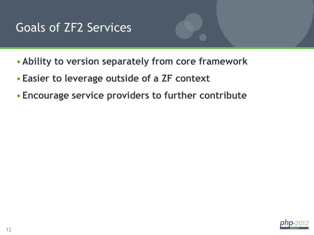 12
• Ability to version separately from core framework
• Easier to leverage outside of a ZF context
• Encourage service providers to further contribute
Goals of ZF2 Services
