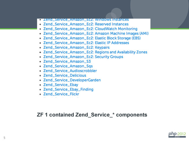 5
A Definition
ZF 1 contained Zend_Service_* components
