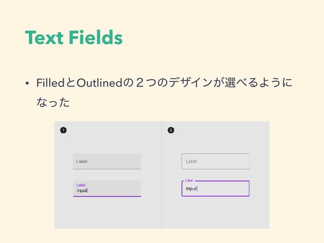 Text Fields
• FilledͱOutlinedͷ̎ͭͷσβΠϯ͕બ΂ΔΑ͏ʹ
ͳͬͨ
