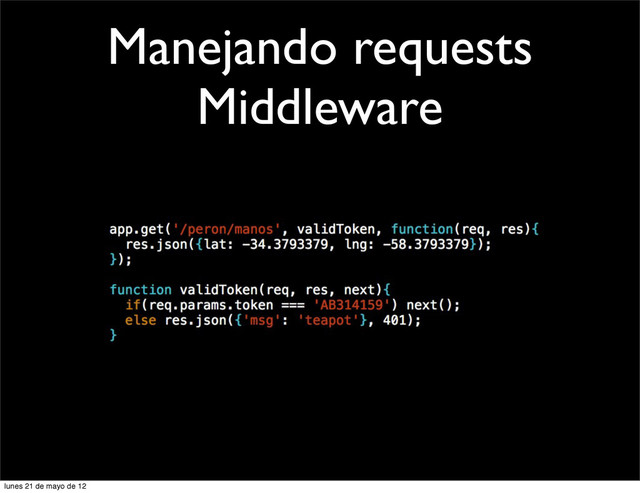 Manejando requests
Middleware
lunes 21 de mayo de 12
