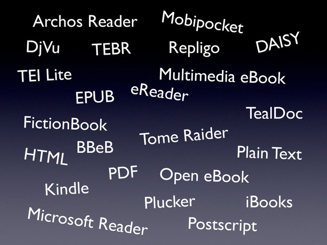 Archos Reader
DjVu
EPUB
FictionBook
HTML
Kindle
Microsoft Reader
Mobipocket
Multimedia eBook
eReader
Plain Text
Plucker
PDF
Postscript
Repligo
TealDoc
Tome Raider
iBooks
TEI Lite
TEBR
Open eBook
DAISY
BBeB
