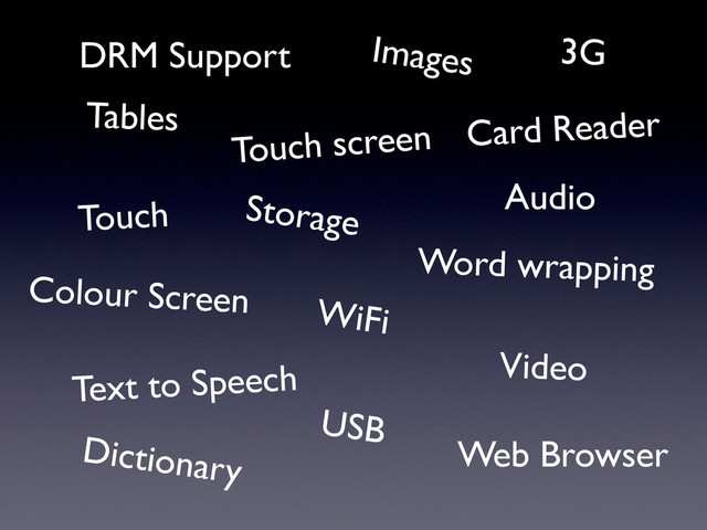 DRM Support
Tables
Text to Speech
Dictionary
Images
Word wrapping
WiFi
Audio
Touch
Video
Web Browser
Storage
Card Reader
USB
Touch screen
Colour Screen
3G

