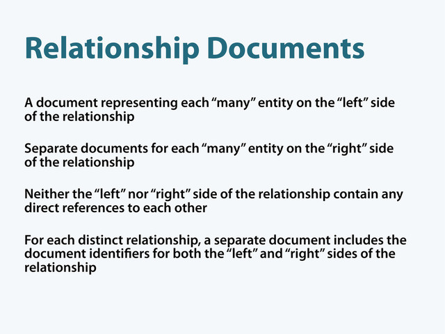 A document representing each “many” entity on the “left” side
of the relationship
Separate documents for each “many” entity on the “right” side
of the relationship
Neither the “left” nor “right” side of the relationship contain any
direct references to each other
For each distinct relationship, a separate document includes the
document identi ers for both the “left” and “right” sides of the
relationship
Relationship Documents
