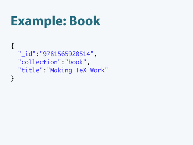 Example: Book
{
"_id":"9781565920514",
"collection":"book",
"title":"Making TeX Work"
}

