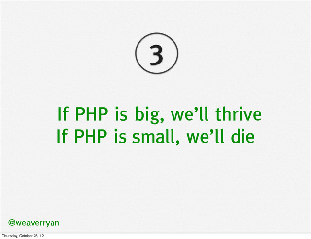 If PHP is big, we’ll thrive
If PHP is small, we’ll die
@weaverryan
3
Thursday, October 25, 12
