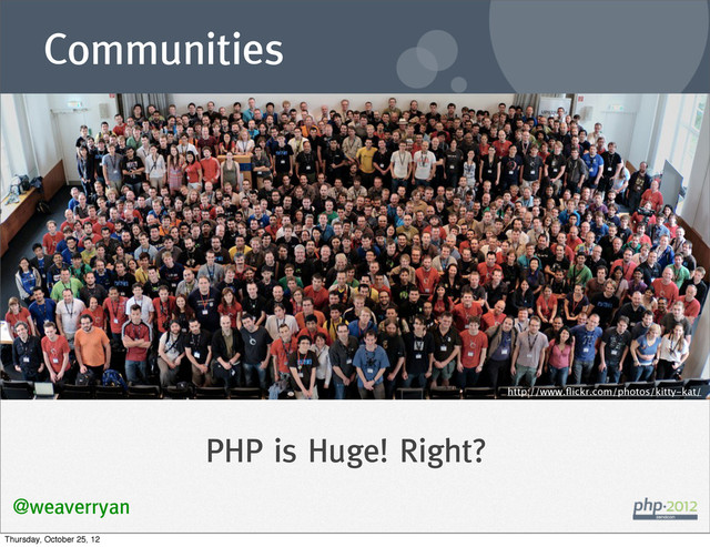 Communities
@weaverryan
PHP is Huge! Right?
http://www.ﬂickr.com/photos/kitty-kat/
Thursday, October 25, 12
