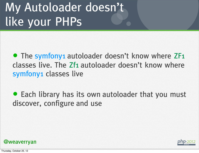 My Autoloader doesn’t
like your PHPs
@weaverryan
• The symfony1 autoloader doesn’t know where ZF1
classes live. The Zf1 autoloader doesn’t know where
symfony1 classes live
• Each library has its own autoloader that you must
discover, configure and use
Thursday, October 25, 12

