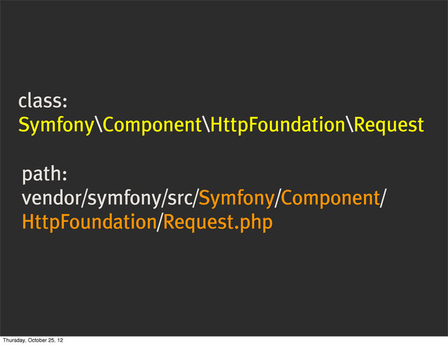 class:
Symfony\Component\HttpFoundation\Request
path:
vendor/symfony/src/Symfony/Component/
HttpFoundation/Request.php
Thursday, October 25, 12
