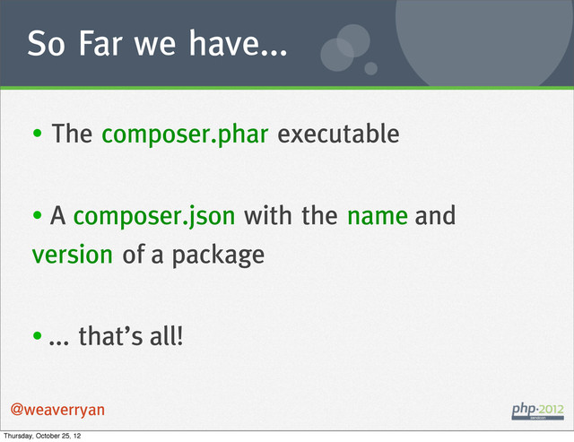 So Far we have...
@weaverryan
• The composer.phar executable
• A composer.json with the name and
version of a package
• ... that’s all!
Thursday, October 25, 12
