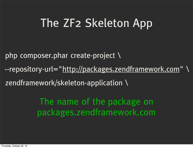 The ZF2 Skeleton App
php composer.phar create-project \
--repository-url="http://packages.zendframework.com" \
zendframework/skeleton-application \
The name of the package on
packages.zendframework.com
Thursday, October 25, 12
