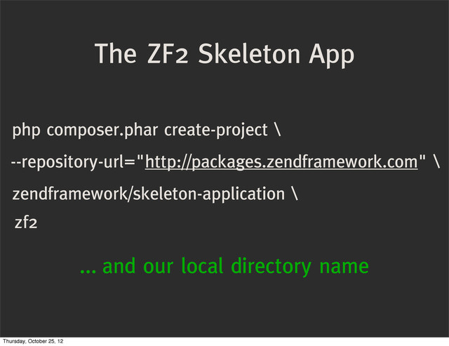 The ZF2 Skeleton App
php composer.phar create-project \
--repository-url="http://packages.zendframework.com" \
zendframework/skeleton-application \
zf2
... and our local directory name
Thursday, October 25, 12

