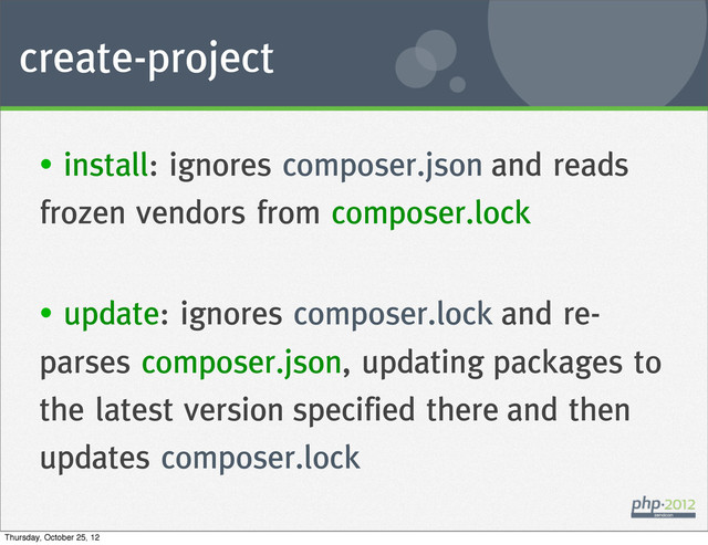 create-project
• install: ignores composer.json and reads
frozen vendors from composer.lock
• update: ignores composer.lock and re-
parses composer.json, updating packages to
the latest version specified there and then
updates composer.lock
Thursday, October 25, 12
