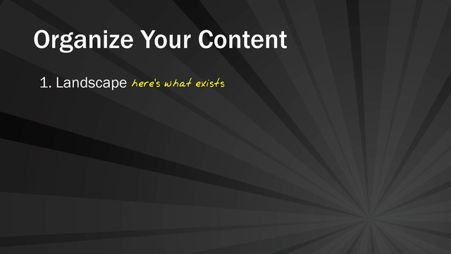 Organize Your Content
1. Landscape here's what exists
