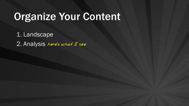 Organize Your Content
1. Landscape
2. Analysis here's what I see
