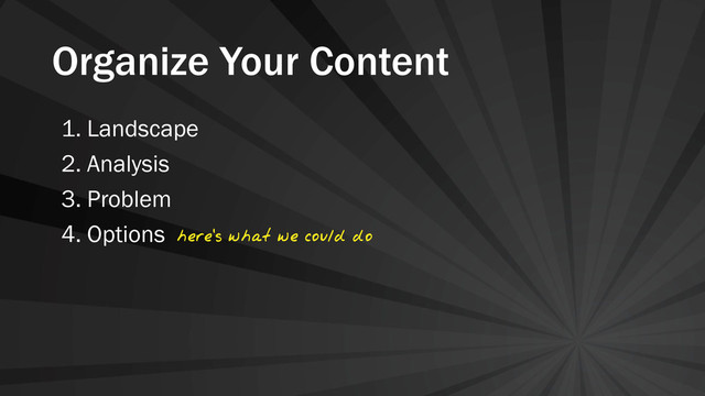 Organize Your Content
1. Landscape
2. Analysis
3. Problem
4. Options here's what we could do
