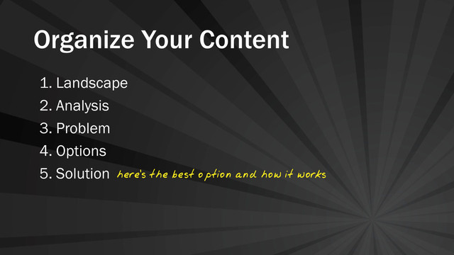 Organize Your Content
1. Landscape
2. Analysis
3. Problem
4. Options
5. Solution here's the best option and how it works
