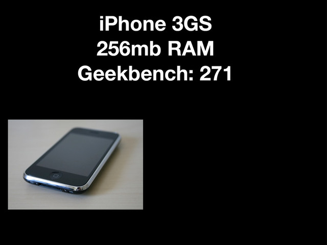 iPhone 3GS
256mb RAM
Geekbench: 271

