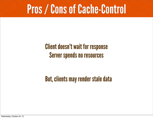 Pros / Cons of Cache-Control
Client doesn’t wait for response
Server spends no resources
But, clients may render stale data
Wednesday, October 24, 12
