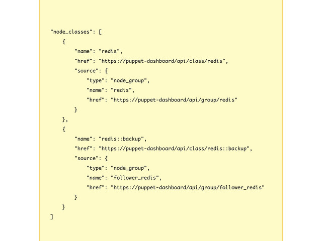 "node_classes": [
{
"name": "redis",
"href": "https://puppet-dashboard/api/class/redis",
"source": {
"type": "node_group",
"name": "redis",
"href": "https://puppet-dashboard/api/group/redis"
}
},
{
"name": "redis::backup",
"href": "https://puppet-dashboard/api/class/redis::backup",
"source": {
"type": "node_group",
"name": "follower_redis",
"href": "https://puppet-dashboard/api/group/follower_redis"
}
}
]
